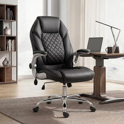 NEO CHAIR Executive Office Chair High Back Ergonomic Computer Desk Chair with Adjustable Lumbar Support Padded FILP-up Arms PU Leather Comfy Task Tilt Swivel for Home (Black)