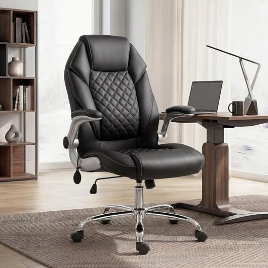 NEO CHAIR Executive Office Chair High Back Ergonomic Computer Desk Chair with Adjustable Lumbar Support Padded FILP-up Arms PU Leather Comfy Task Tilt Swivel for Home (Black)