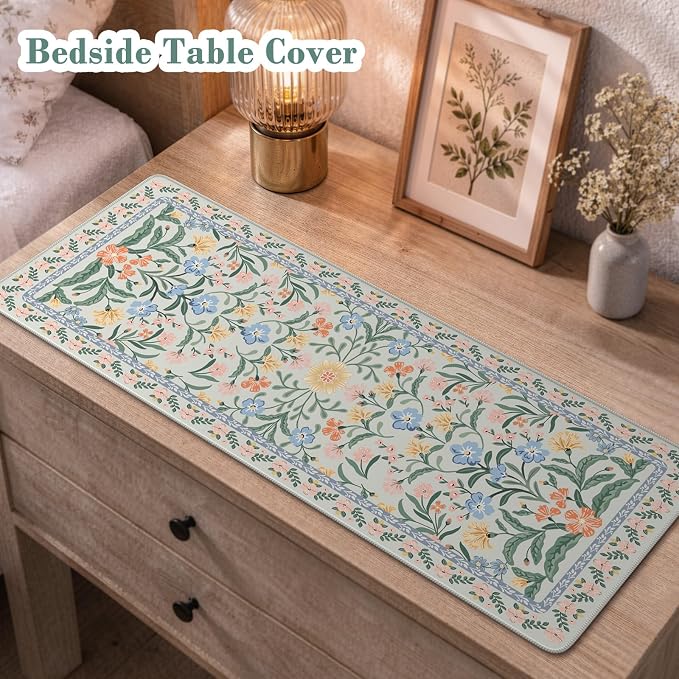 iCasso Aesthetic Floral Desk Mat, L Mouse Pads, Anti-Slip Mousepad with Stitched Edges, Waterproof Computer Pad 11.8"x31.5", Green Desk Accessories Office Decor for Women(Green Floral)