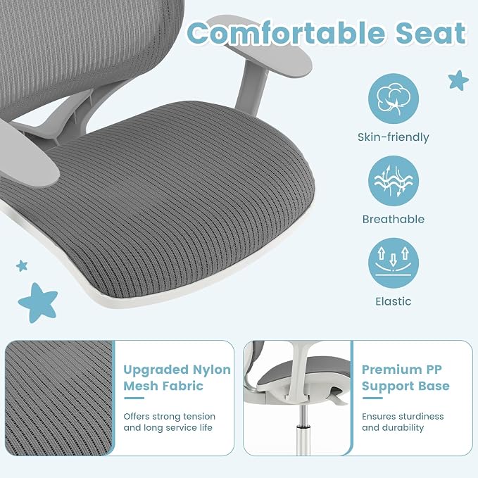 Costzon Kids Desk Chair, Height Adjustable Children Study Computer Chair with Armrests, Sit-Brake Casters, Swivel Mesh Task Chair for Boys Girls Teens Students, Kids Chair for Home, Office (Gray)