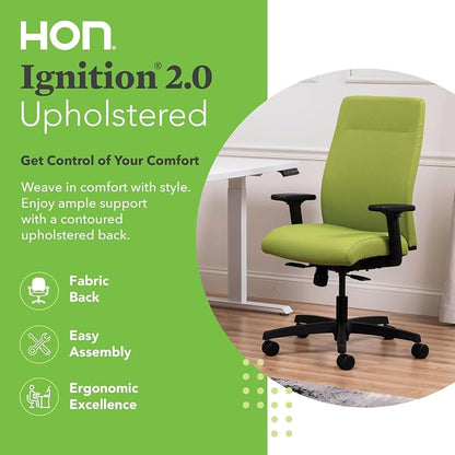 HON Ignition 2.0 Ergonomic Office Chair with Adjustable Arms, Standard Synchro‑Tilt Recline, Upholstered Desk and Computer Chair for Home Office or Workstation, Black Frame, Pear