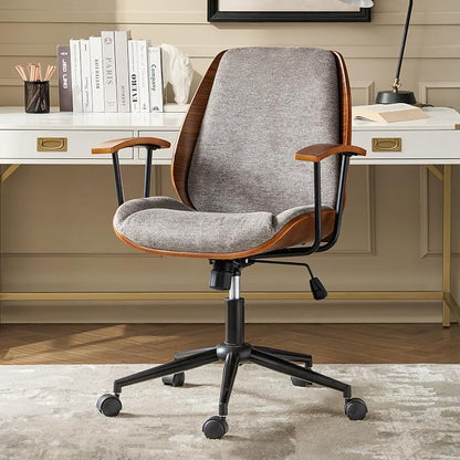 Modern Ergonomic Office Chair with Wood Frame & Metal Base, Swivel Home Office Desk Chairs with Adjustable Height, Comfy Upholstered Computer Chair, Tan