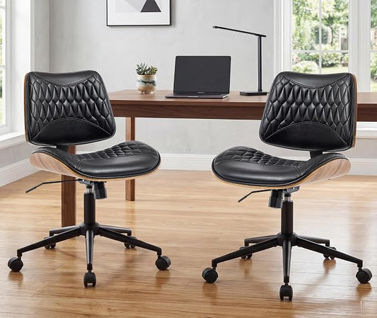 Walnut Bentwood Mid Back Armless Office Chair 2 Pack, Adjustable Height PU Leather Swivel Desk Chair with Wheels, Rolling Computer Task Chair for Home Office, Study, Meeting Room