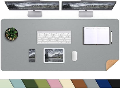 AFIING Leather Desk Pad Protector, 47" x 17" Large Desk Mat with Natural Cork & PU Leather, Mouse Pad, Non-Slip, Waterproof Desk Writing Pad for Office and Home (Light Gray)