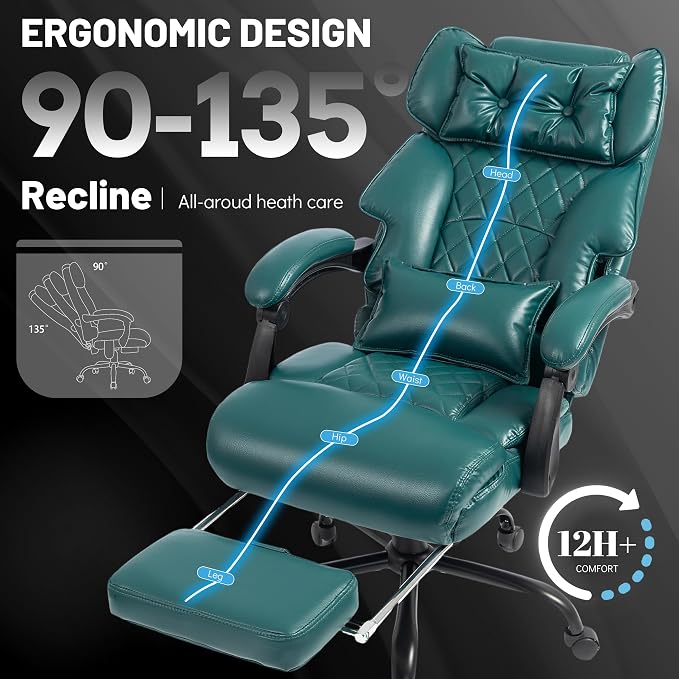 Massage Office Chair with Foot Rest,6 Points Vibration & Heat Executive Office Chairs for Heavy People,500LBS Big and Tall Office Chair,Ergonomic Reclining Desk Chair,Dual-Use Pillow,Home Office,Green