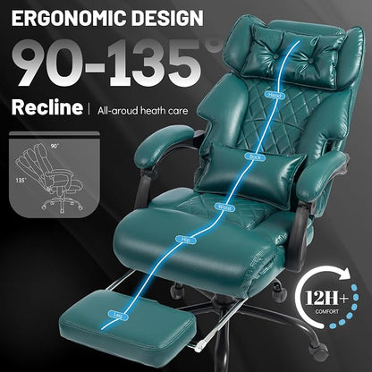 Massage Office Chair with Foot Rest,6 Points Vibration & Heat Executive Office Chairs for Heavy People,500LBS Big and Tall Office Chair,Ergonomic Reclining Desk Chair,Dual-Use Pillow,Home Office,Green