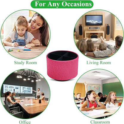 Round Leather Art Supply Organizer,Remote Control Holder,360 Degree Spinning,Multi-Functional Pencil Holder,4 Compartments Desktop Stationary Organizer(1-Vertical Wood Red)