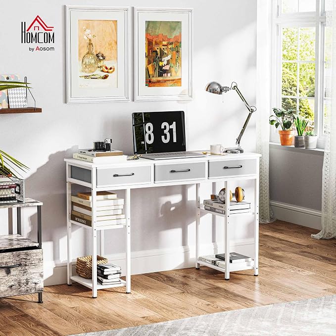 HOMCOM 47" Computer Desk with 3 Fabric Drawers, Home Office Desk with Adjustable Shelves, Small Writing Desk with Storage, White