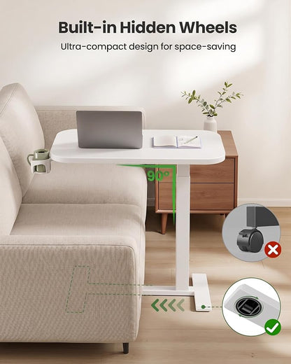 Marsail 28×16" Overbed Table with Wheels and 360° Cup Holder, Height-Adjustable Pneumatic Bedside Table, Mobile Computer Standing Desk for Home Office, White