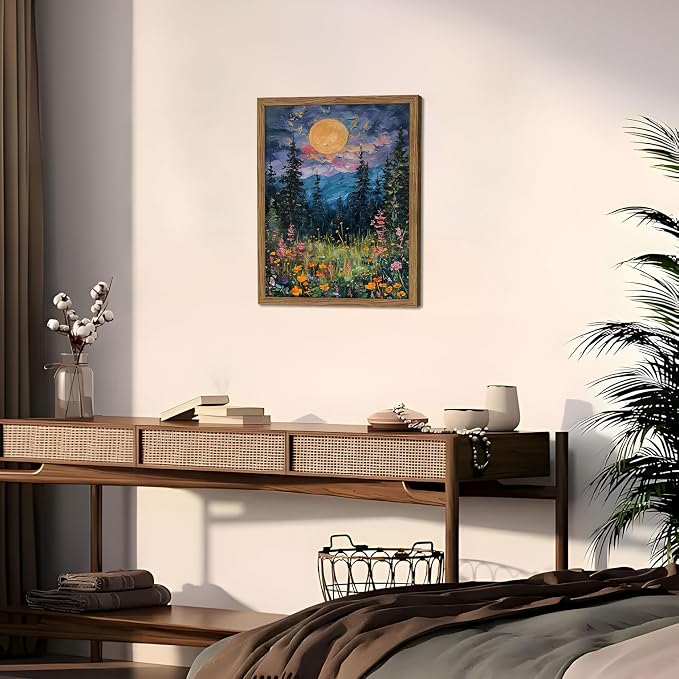 Framed Nature Forest Canvas Wall Art, Full Moon above Wildflowers and Woodland Painting, Midnight Floral Trees Art Print, Farmhouse Nature Wall Decor for Bedroom Living Room 16x24 inch
