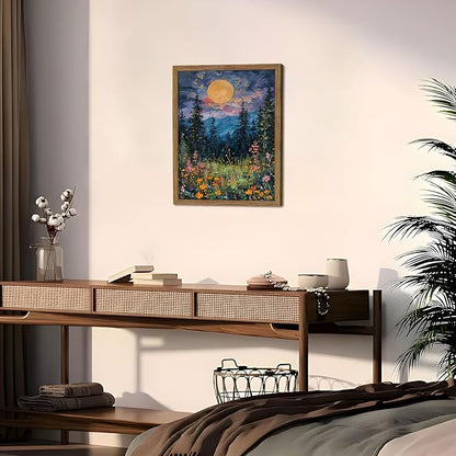 Framed Nature Forest Canvas Wall Art, Full Moon above Wildflowers and Woodland Painting, Midnight Floral Trees Art Print, Farmhouse Nature Wall Decor for Bedroom Living Room 16x24 inch