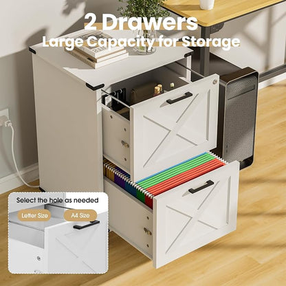 Onelike Small Wood File Cabinet with Lock, Nightstand with Charging Station, 2 Drawer Under Desk Lateral Filing Cabinets for Home Office, Printer Stand with Storage, White