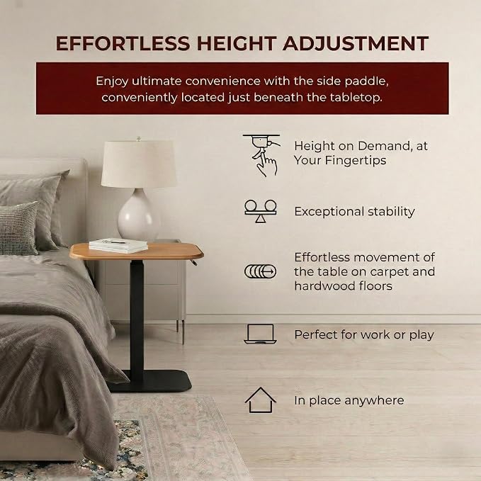 Elevance Height Adjustable Side Table, Black Base, Golden Maple Top | Sofa Laptop Table for Couch & Bed | Small C-Shape End Table for Home or Office