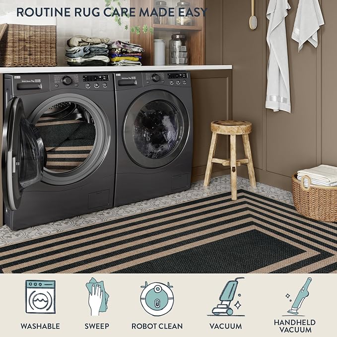 Lahome Enfys Modern Geometric Easy Jute Outdoor Rug, 3x5 Black Indoor Outdoor Carpet for Living Room Entryway, Farmhouse Non Slip Non Shedding Washable Area Rug for Patio Courtyard Bedroom