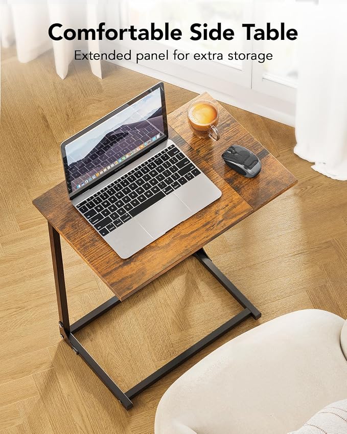 Pipishell C-Shaped Side Table, C Table for Sofa with Two-Piece Desktop & Metal Frame, Large Surface End Table for Living Room, Bedroom, Beside, and Home Office, Rustic Design