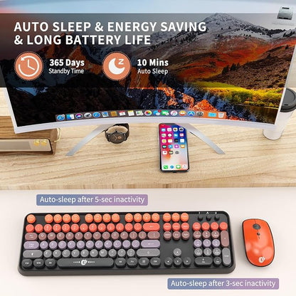 Wireless Keyboard and Mouse Combo - Cute Colorful Keyboard and Mouse, Retro Typewriter Keyboard with 2.4GHz Plug & Play, for Windows 11/10/7, Laptop, PC (V2020-Orange)
