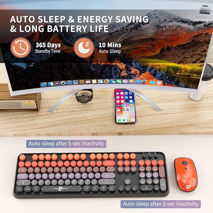Wireless Keyboard and Mouse Combo, 2.4G USB Cordless Round Keyboard and Mouse for Laptop Computer TV (102 Keys Black Orange)