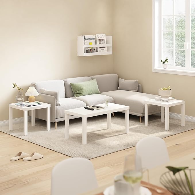 Furinno Classic Living Room Table Set of 3, Modern 1.8 Inch Thick Tabletop Rectangle Coffee Table with 2 Side Tables, End Tables, for Living Room, Home Office, White