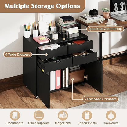 Black File Cabinet with 4 Drawers and 2 Doors, Under Desk Mobile Storage Organizer, Wooden Printer Stand on Wheels, 29" Lateral Filing Cabinet for Home Office Living Room (Black, 4 Drawer & 2 Door)
