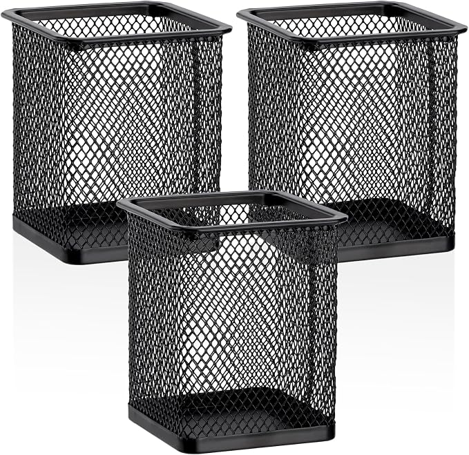 Segarty Square Pen Holder, 3 Pack Black Pen Holder for Desk, Metal Mesh Pencil Cup Container Desktop Accessories Organizer for Office, School, Home, Makeup Brush