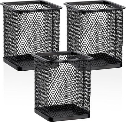 Segarty Square Pen Holder, 3 Pack Black Pen Holder for Desk, Metal Mesh Pencil Cup Container Desktop Accessories Organizer for Office, School, Home, Makeup Brush