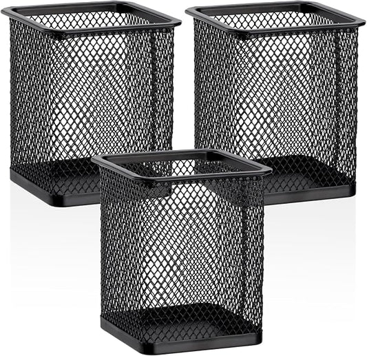 Segarty Square Pen Holder, 3 Pack Black Pen Holder for Desk, Metal Mesh Pencil Cup Container Desktop Accessories Organizer for Office, School, Home, Makeup Brush
