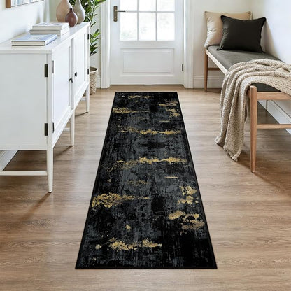 RELEANY Washable Area Rugs 2x7 Non-Slip Modern Abstract Soft for Living Room Entryway Bedroom Kitchen, Print Pattern, Dark Black Gold
