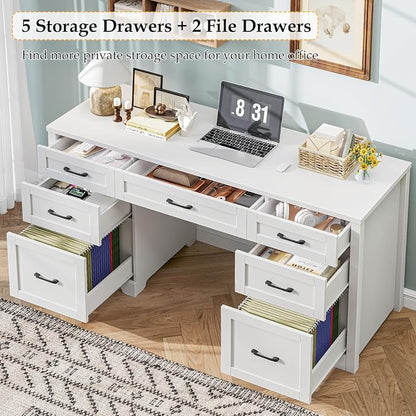 Vabches Farmhouse 61'' Executive Desk with 7 Drawers, Rustic Office Desk Computer Table with File Drawers, Wood Workstation for Study and Home Office, Cream White