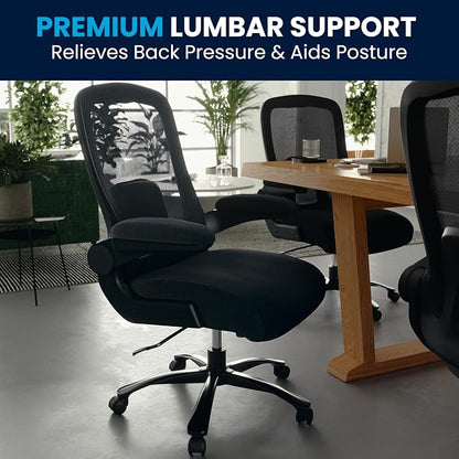 Flash Furniture Big & Tall Swivel Office and Gaming Chair with Lumbar and Back Support, Ergonomic Mesh Office Chair with Flip-Up Armrests and Adjustable Height, Black