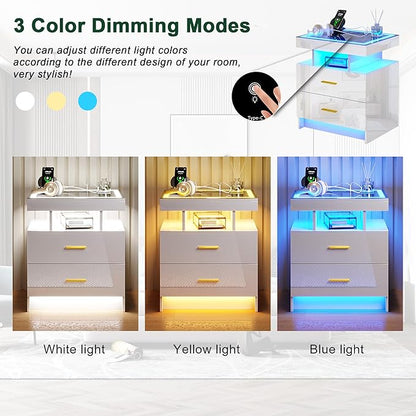 HNEBC LED Nightstand with Charging Station (USB,Type-C Ports) High Gloss Bedside Table with 2 Drawers, Smart Night Stand with Auto Sensor Lights,Modern Bed Side Table for Bedroom (White)