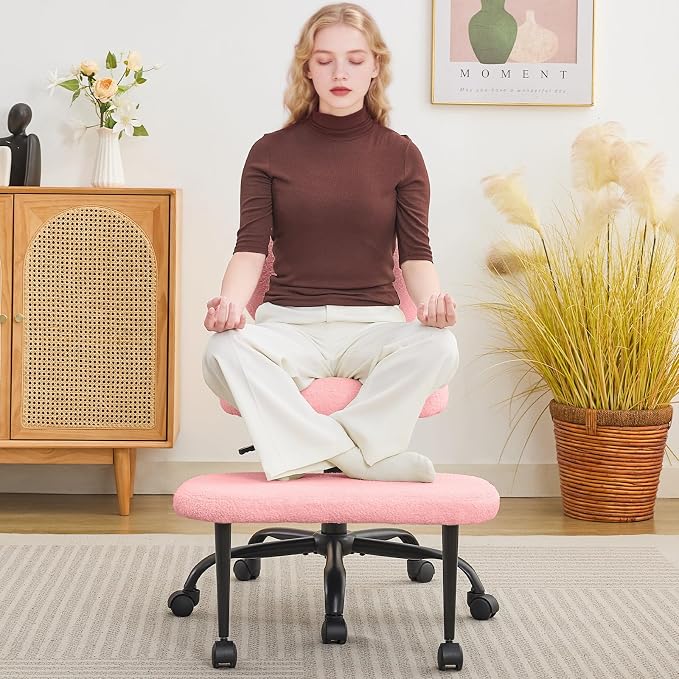 Criss Cross Legged Meditaion Chair,Exquisite Home Office Furniture,Ergonomic Kneeling with Lumbar Support and Adjustable Height Stool,for ADHD Adults,Teddy Fabric (Pink, Teddy Fabric)
