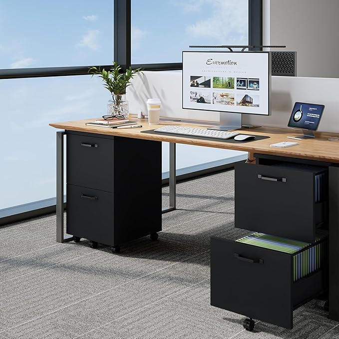 Simple Deluxe 2 Drawer Filing Cabinet, Wood Rolling Filing Cabinets with Printer Stand, Under Desk Storage Lockable Wheels, Home Office Organizer for A4 Letter Legal Size Documents,Black