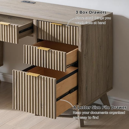 T4TREAM Fluted Executive Desk with Drawers, 60" Modern Home Office Computer Desk with Charging Station, File Cabinet, Keyboard Tray and Storage Cabinet for Study, Living Room, Bedroom, Alder Grey