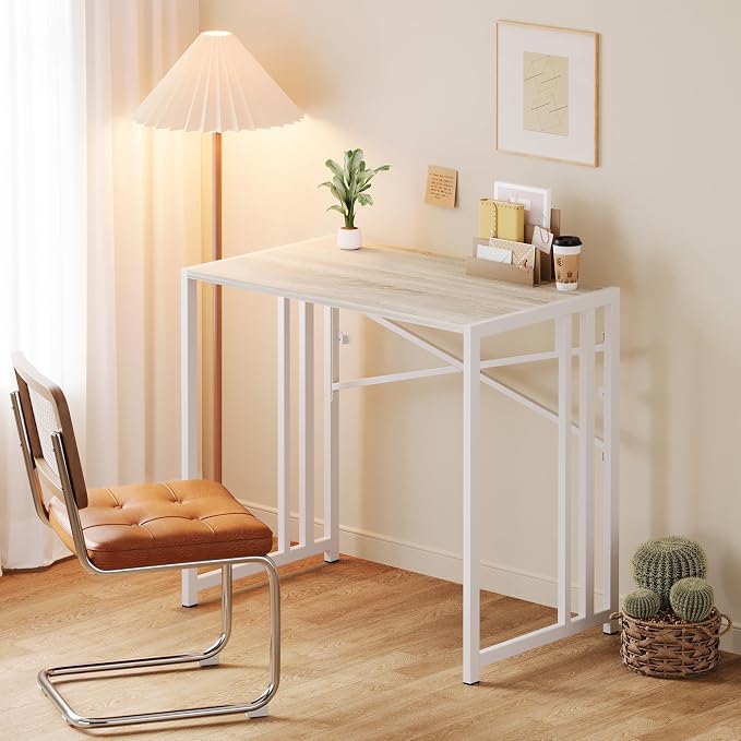 Lutown-Teen Small Folding Desk 35 inch, No Assembly Required Small Office Desk, Writing Gaming Computer Camping Table, Beige