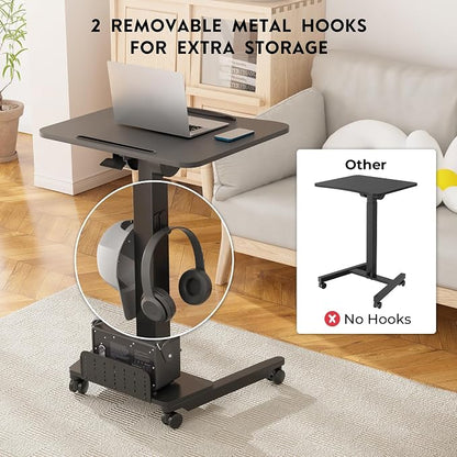 BONTEC Mobile Standing Desk Adjustable Height, Rolling Laptop Cart with Storage Shelf, Hooks, Portable Workstation with Pneumatic Lift, Ergonomic Compact Home Office Desk, Black 23.6" x 20.5"