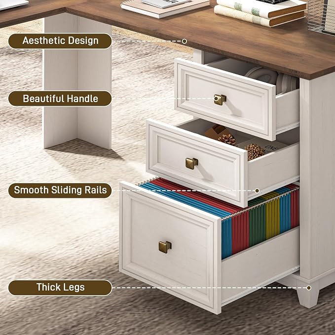 Vabches Farmhouse L Shaped Executive Desk with 6 Drawers, 59’’ Wood Home Office Desk with File Cabinet, Writing Corner Computer Desk for Home Office, Work, Study, White and Brown