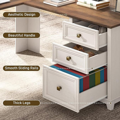 Vabches Farmhouse L Shaped Executive Desk with 6 Drawers, 59’’ Wood Home Office Desk with File Cabinet, Writing Corner Computer Desk for Home Office, Work, Study, White and Brown
