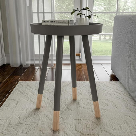 Lavish Home Round End Table – Wooden Mid-Century Modern Side Table with Tray Top and Two-Tone Color – Living Room Furniture (Gray)