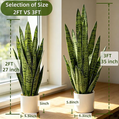 Fake Snake Plant 3FT, 35" Artificial Potted Plant with White Pot, Realistic Faux Floor Plant for Home Decor, Low Maintenance No Watering Needed for Desk Corner Office & Pet Areas (Green)