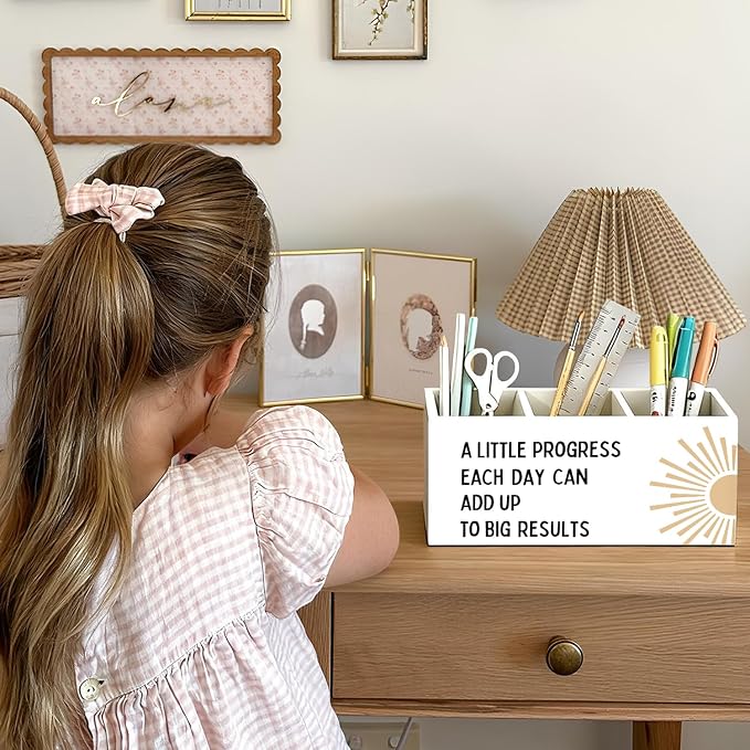 Boho Mental Health Inspirational Pen Holder, Motivational Pencil Holder for Desk, Boho Sunshine Inspirational Wooden Box Sign Decorations for Therapy Counselor Office Classroom Desk Tabletop