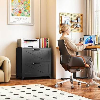 Farmhouse File Cabinet with Lock, Lateral File Cabinet with 2 Large Drawer for Letter/Legal/A4 Hanging Files,File Storage Cabinets Printer Stand for Home Office School, Black