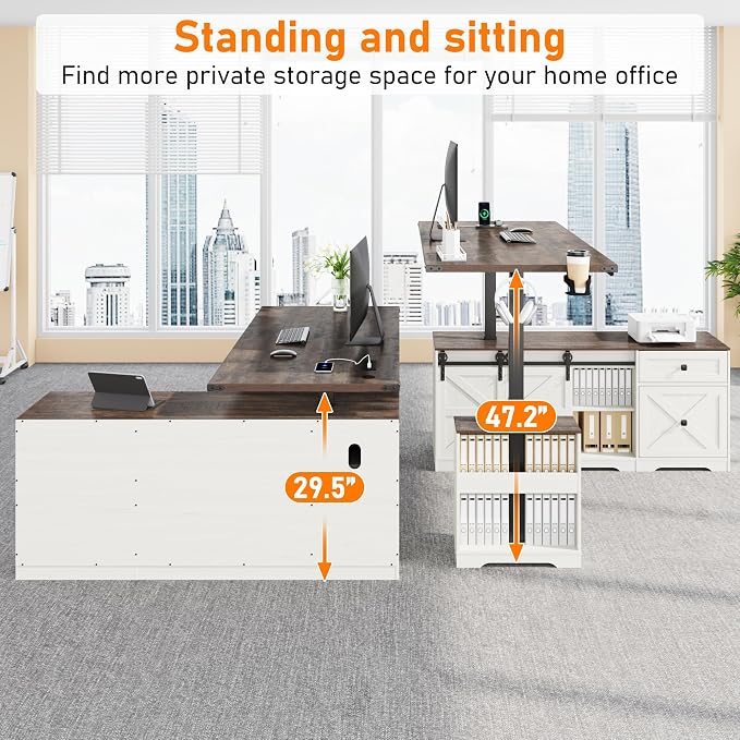 St.Mandyu 63" L Shaped Electric Standing Desk with File Drawer & Sliding Door, Height Adjustable Sit Stand Corner Computer Desk with Power Outlets, Drawers & Cup Holder for Home Office, White
