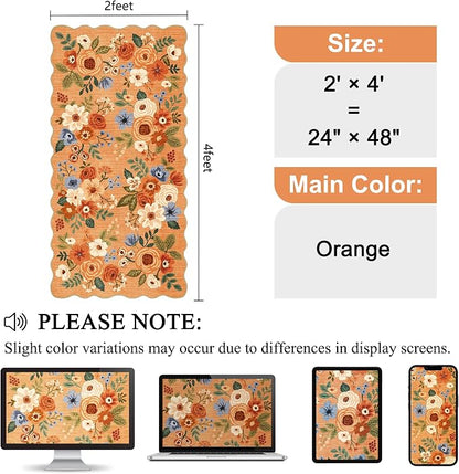 DUKINO 2x4 Washable Runner Rugs, Non Slip Floral Print Entryway Rug with Soft Low Pile, Lightweight Mat for Living Room, Bathroom, Bedroom, Kitchen, Orange