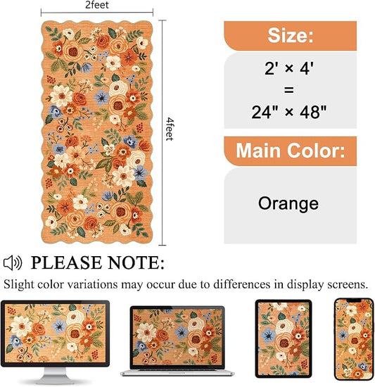 DUKINO 2x4 Washable Runner Rugs, Non Slip Floral Print Entryway Rug with Soft Low Pile, Lightweight Mat for Living Room, Bathroom, Bedroom, Kitchen, Orange