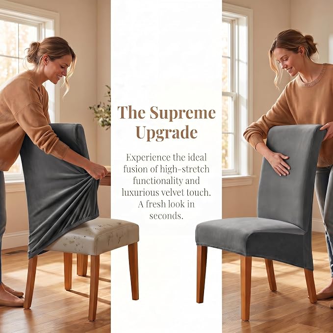 Deisy Dee Stretch XL/Oversized Extra Large Velvet Dining Room Chair Covers for Kitchen Dining，Removable Washable Chair Protectors Slipcovers (Grey, 2)