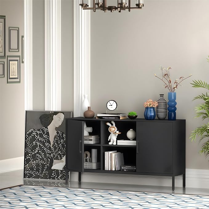 Steehoom Metal TV Cabinet with Doors and Shelves, Modern Metal Storage Cabinet, Coffee Bar TV Stand for Office, Living Room, Kitchen, Diningroom (Black, 47.24" D x 13.78" W x 29.53" H)