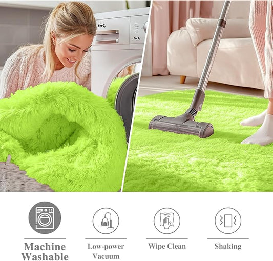 OLANLY Lime Green Round Rugs for Bedroom - Machine Washable, 4 ft Circle Area Rugs for Living Room, Soft and Fluffy Shaggy Carpet for Teen Girl and Boys, Nursery Rooms, Dorms, Home Decor Aesthetic