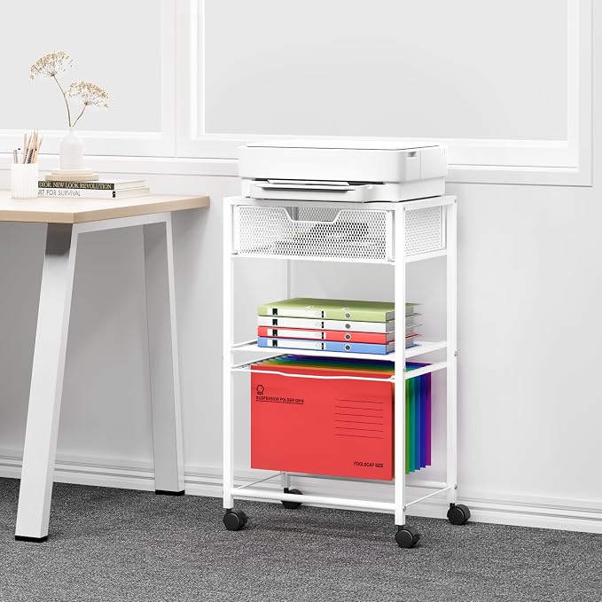 Cawukege 3 Tier Printer Stand, Mobile Table with Wheels, Printer Shelf Rolling Cart with Storage Desk Organizer Hanging File for Office Home, White