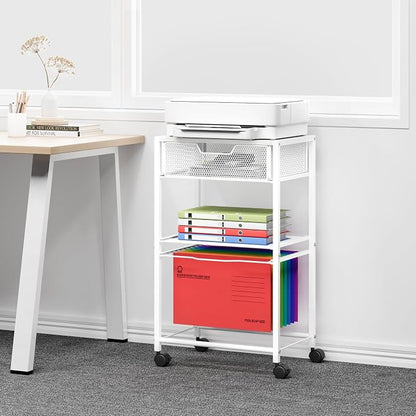 Cawukege 3 Tier Printer Stand, Mobile Table with Wheels, Printer Shelf Rolling Cart with Storage Desk Organizer Hanging File for Office Home, White