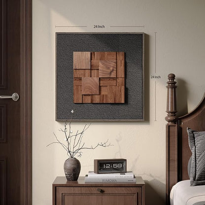 Framed 3D Textured Wood Wall Art, Modern Minimalist Black Painting Artwork for Walls, Vintage Geometric Natural Wooden Wall Art Decor for Living Room, Hallway, Dining Room, Bedroom, Office, 24x24